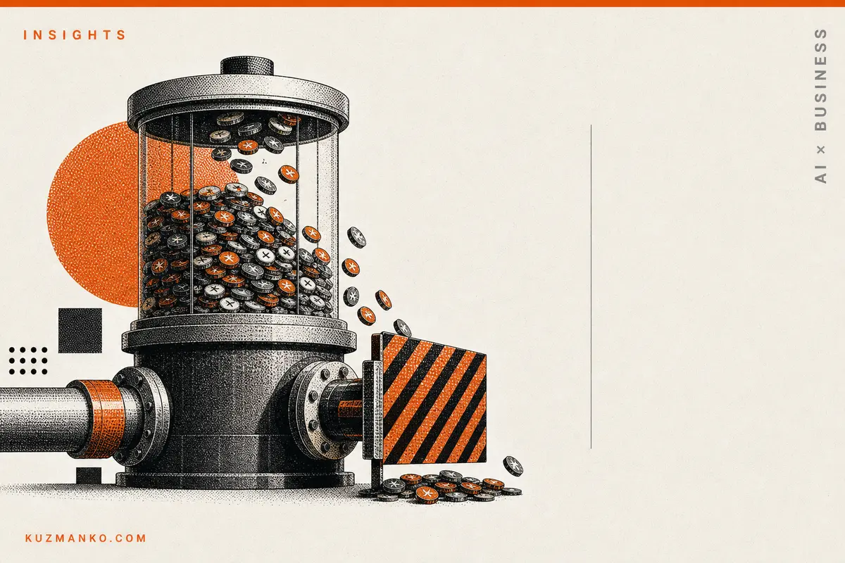 Editorial risograph illustration of an AI token supply squeeze, with a geometric industrial form and orange-black Bauhaus accents on a pale background.