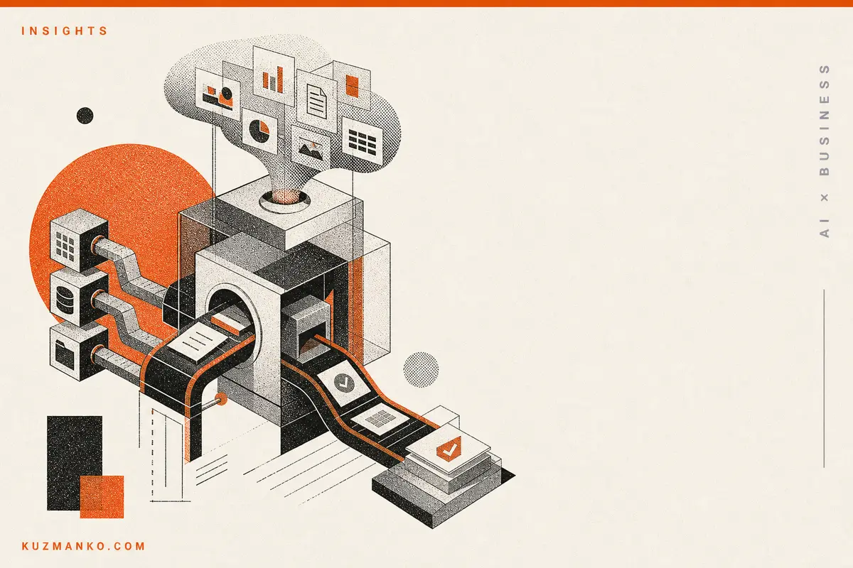Editorial risograph hero illustration of a modular AI workflow engine automating enterprise work, with geometric data blocks and connectors on a warm off-white background.