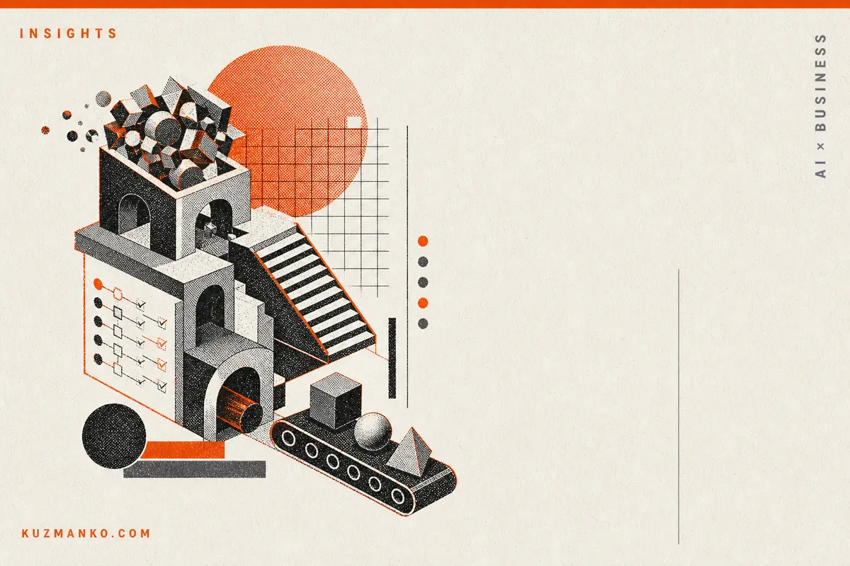 Abstract risograph editorial illustration of a controlled AI workflow with modular geometric systems, black and orange on warm paper texture, for a premium Hebrew AI business consulting blog cover.