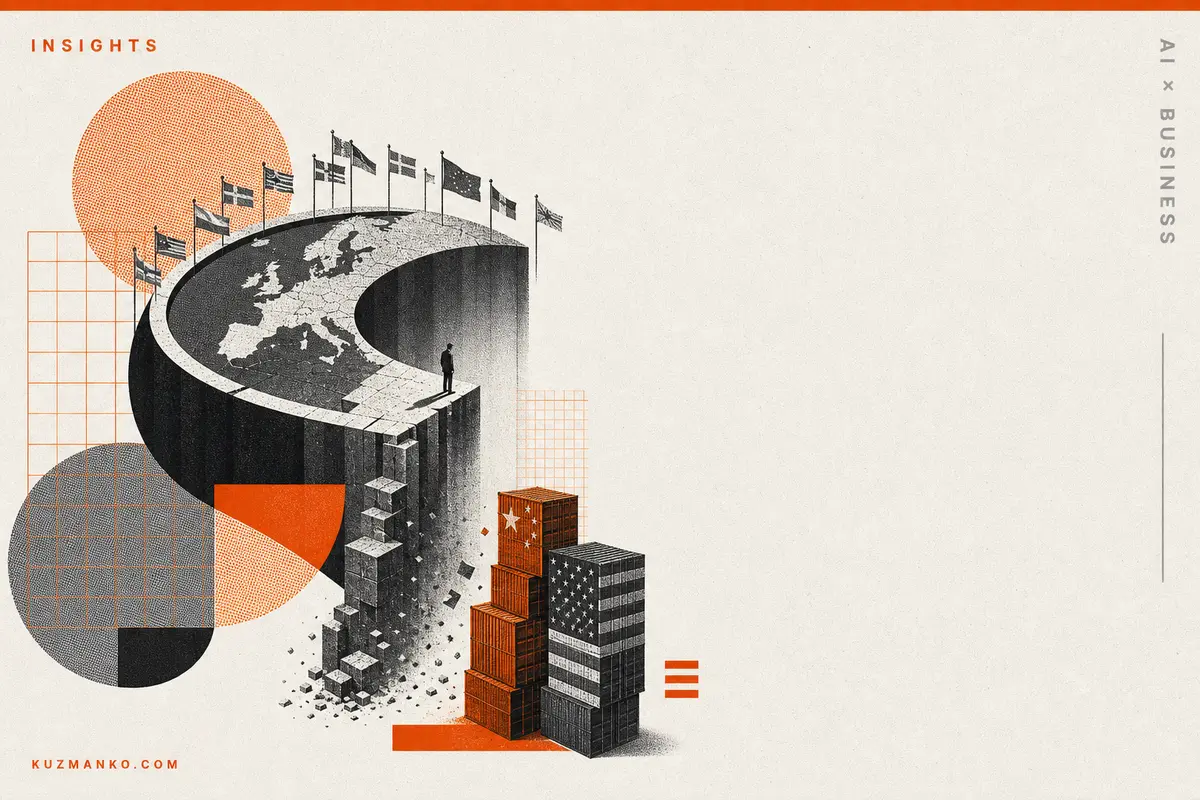 Editorial risograph-style cover of Europe lagging in the AI race, with bold geometric shapes and a stark orange-black metaphor for policy tension.