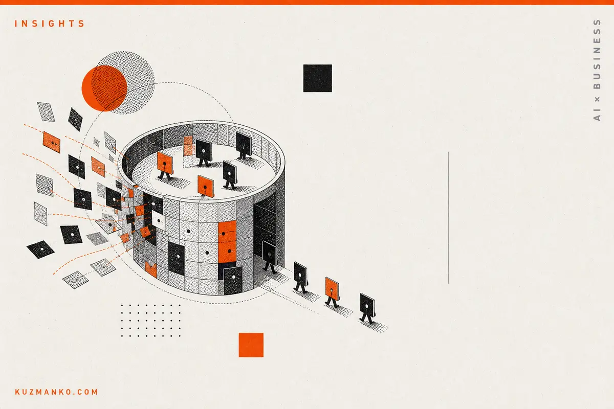 Editorial risograph illustration of an AI agent market simulation with a fragile modular geometric market mechanism and orange-black Bauhaus shapes on a warm off-white background.
