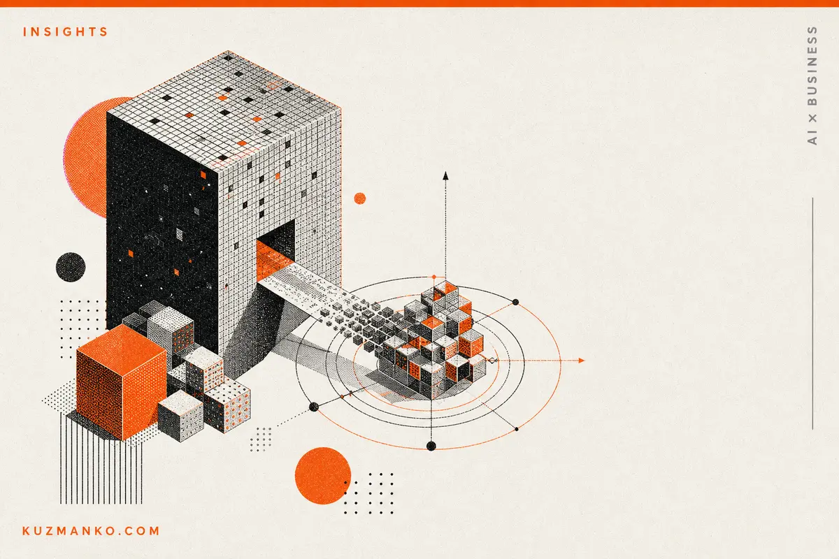 Editorial risograph-style cover image featuring small AI models versus large models as a precise geometric system, with bold black and orange shapes and generous negative space for Hebrew text.