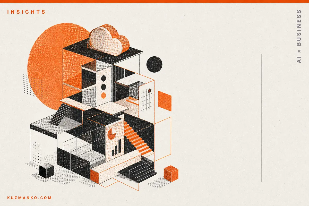 Premium abstract risograph editorial illustration of Claude AI enterprise integration, with geometric modular architecture and orange-black halftone texture on a warm off-white background.