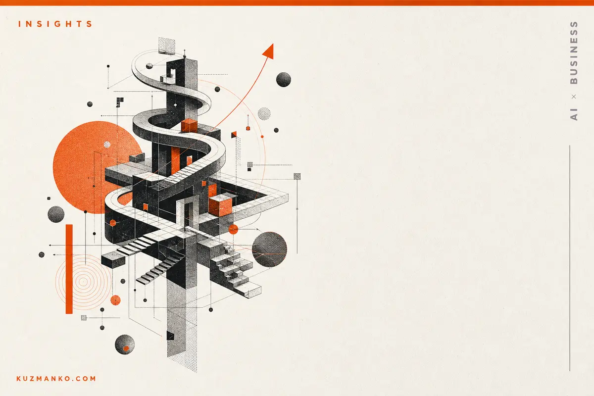 Editorial risograph-style hero image of a self-optimizing AI learning loop with geometric modular forms, orange and black halftone textures, and clean negative space for a Hebrew blog cover.