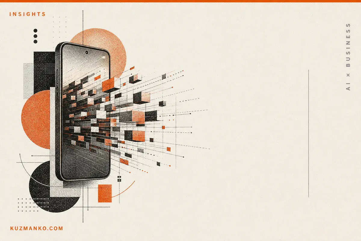 A premium editorial illustration of a Pixel smartphone accelerating on-device AI with orange and black risograph geometric forms on a clean off-white background.