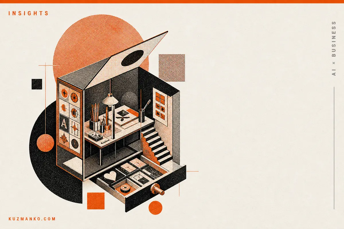 Editorial risograph-style cover featuring an intricate abstract AI creativity object on warm off-white background, with bold orange and black Bauhaus shapes and ample right-side negative space for Hebrew text.
