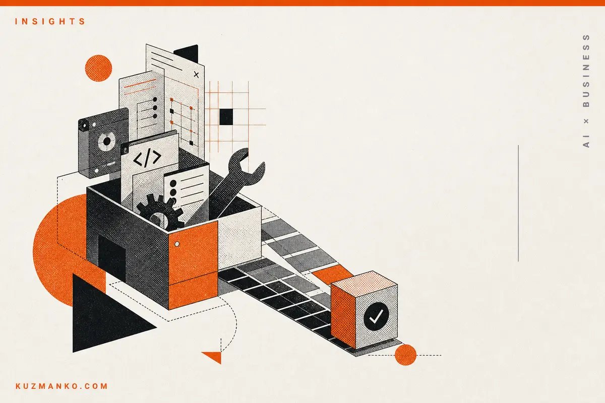 Editorial risograph-style illustration of a detailed AI tool-calling mechanism, with geometric data links and bold orange-black Bauhaus shapes on a clean off-white background.