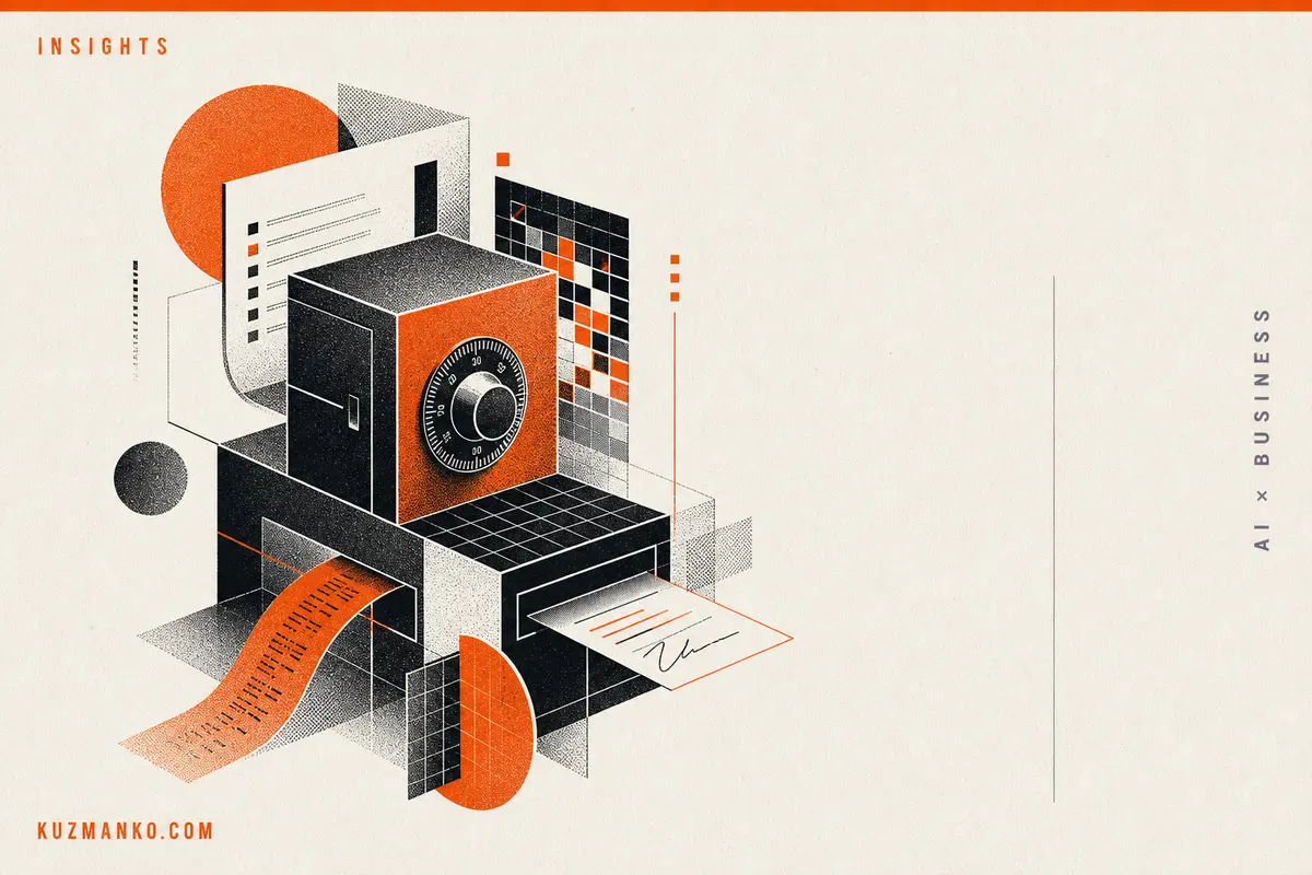 Editorial risograph-style cover illustrating AI compliance, GDPR, and AI Act policy-as-code with geometric data contracts on a clean premium business background.