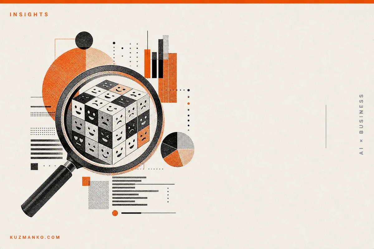 Abstract risograph-style hero graphic of a layered speech-bubble data prism with emotion icons and business charts, symbolizing open-source sentiment analysis for business insights.