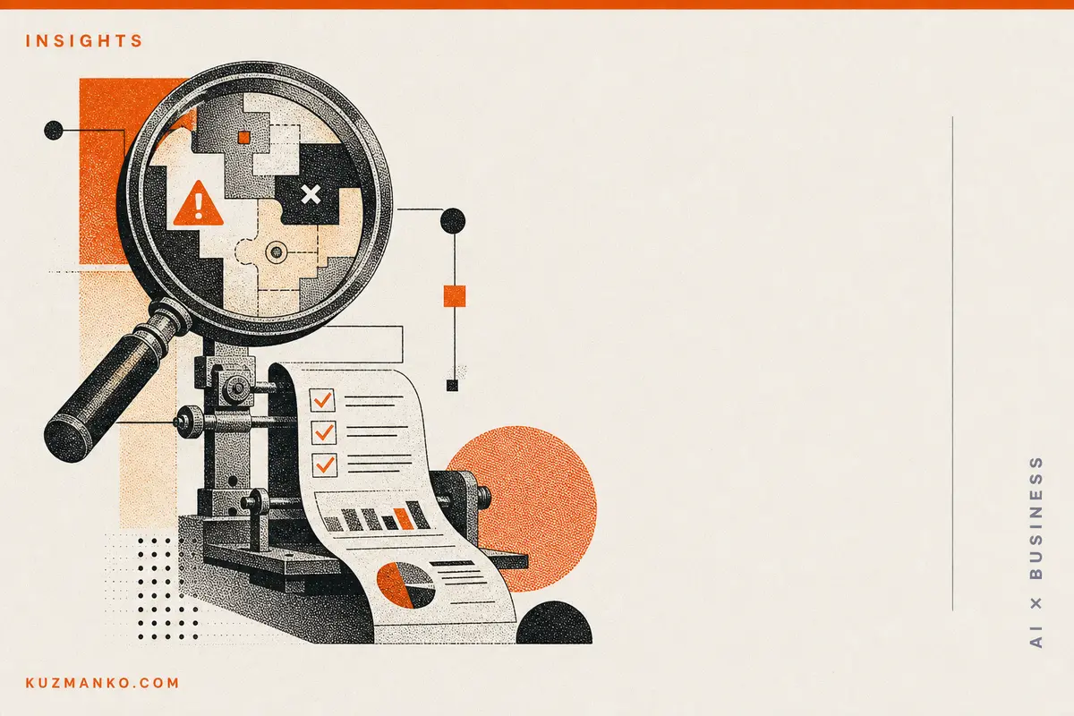 Editorial risograph cover illustration of an automated AI failure diagnostic tool, with abstract geometric analysis elements and clean negative space for a Hebrew blog title.